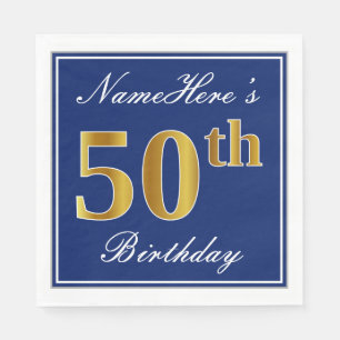 Serviette Jetable Elégant bleu, Faux Gold 50e anniversaire; Nom pers