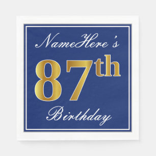 Serviette Jetable Elégant bleu, Faux Gold 87e anniversaire; Nom pers