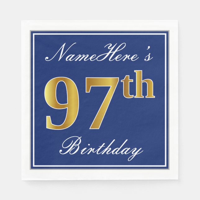 Serviette Jetable Elégant bleu, Faux Gold 97e anniversaire; Nom pers (Devant)