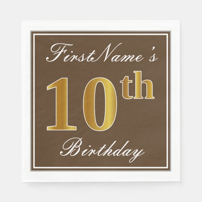 Serviette Jetable Elégant Brown, Faux Gold 10e anniversaire + Nom (Devant)