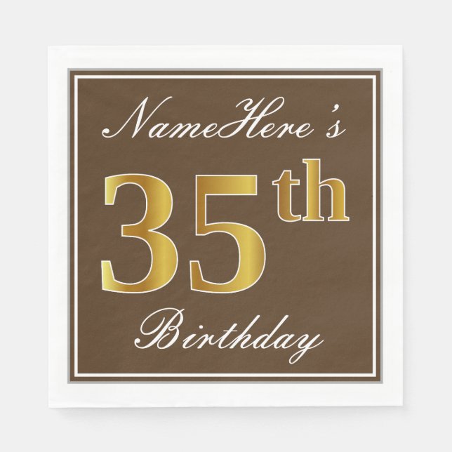 Serviette Jetable Elégant Brown, Faux Gold 35ème anniversaire + Nom (Devant)