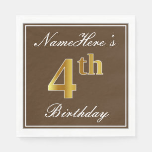 Serviette Jetable Elégant Brown, Faux Gold 4e anniversaire; Nom pers