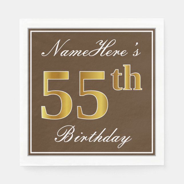 Serviette Jetable Elégant Brown, Faux Gold 55ème anniversaire + Nom (Devant)