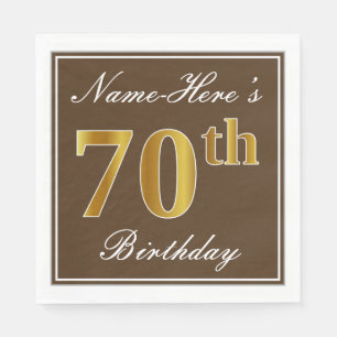 Serviette Jetable Elégant Brown, Faux Gold 70e Anniversaire + Nom