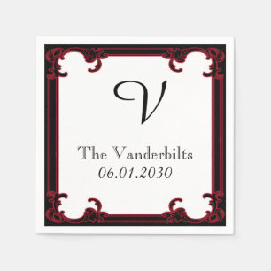 Serviette Jetable Élégant cadre rouge gothique Mariage Monogramme
