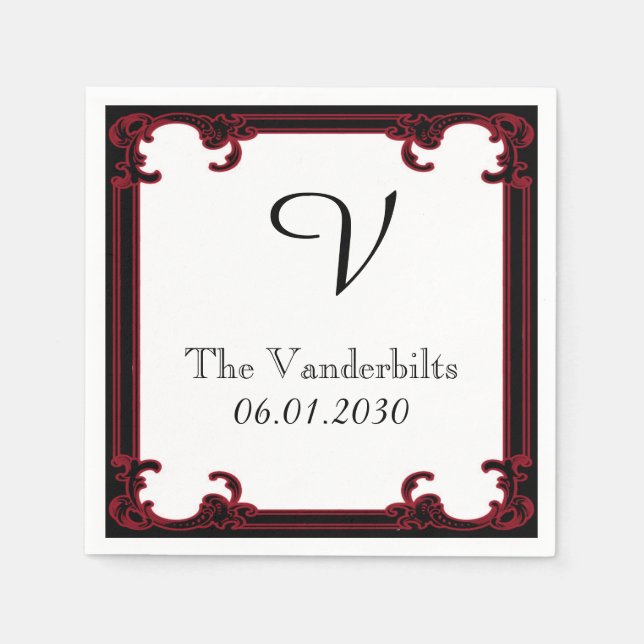 Serviette Jetable Élégant cadre rouge gothique Mariage Monogramme (Devant)