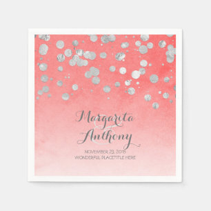 Serviette Jetable Elégant corail et Mariage d'argent