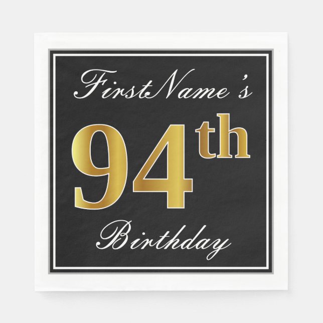 Serviette Jetable Elégant, Faux Gold 94e anniversaire + Nom personna (Devant)