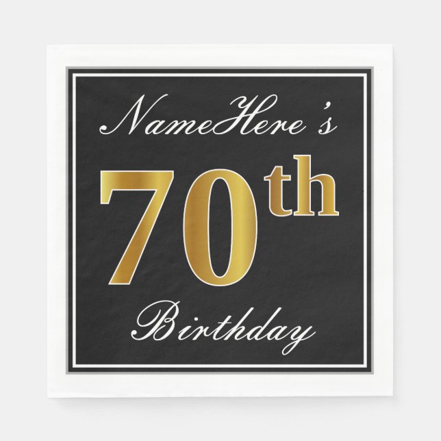Serviette Jetable Élégant, Faux Or 70e Anniversaire + Nom Personnali (Devant)