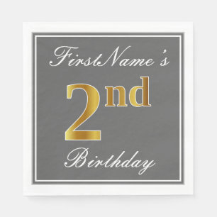 Serviette Jetable Elegant Grey, Faux Gold 2e anniversaire + Nom pers