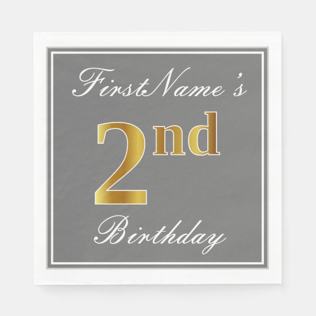 Serviette Jetable Elegant Grey, Faux Gold 2e anniversaire + Nom pers (Devant)
