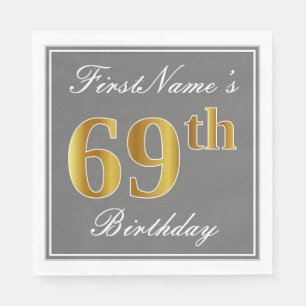Serviette Jetable Elégant Grey, Faux Gold 69e anniversaire; Nom pers