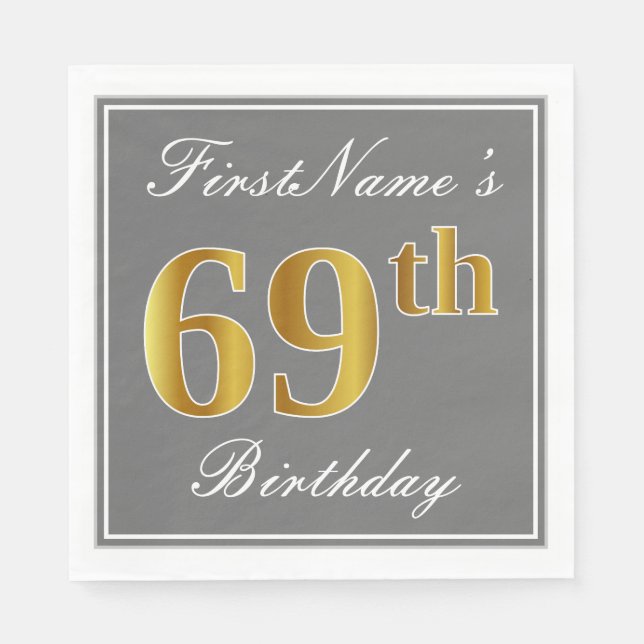 Serviette Jetable Elégant Grey, Faux Gold 69e anniversaire; Nom pers (Devant)