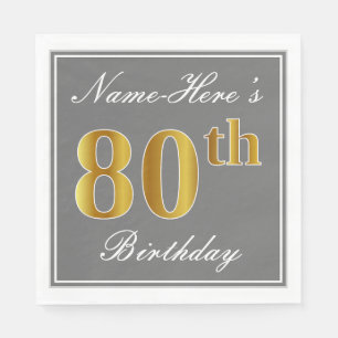 Serviette Jetable Elégant Grey, Faux Gold 80e anniversaire; Nom pers
