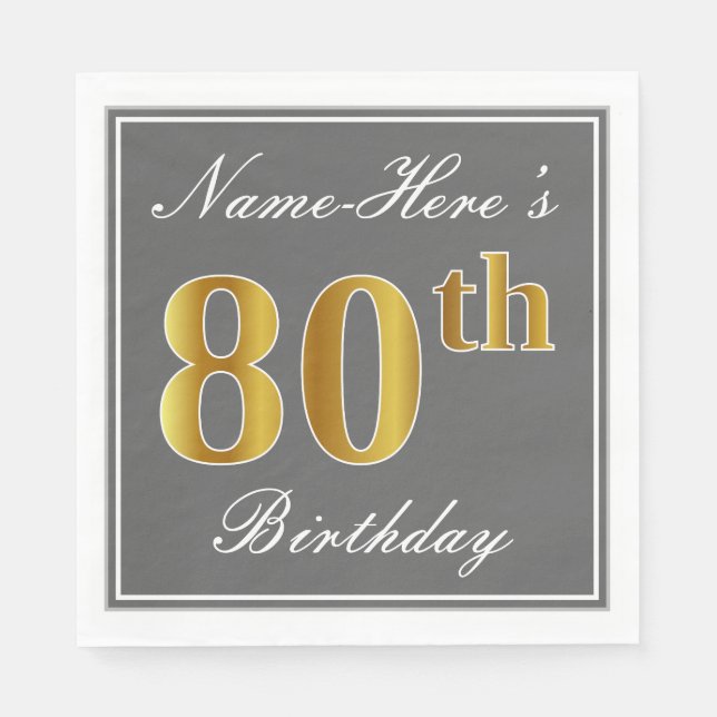 Serviette Jetable Elégant Grey, Faux Gold 80e anniversaire; Nom pers (Devant)