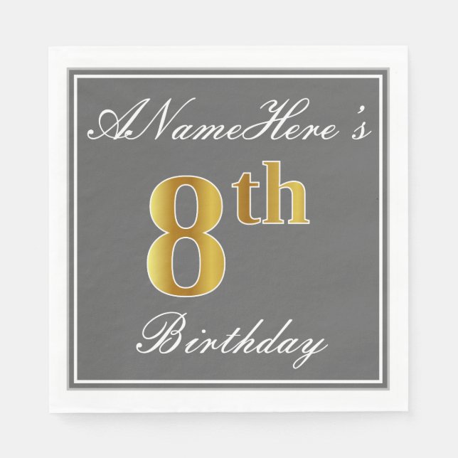 Serviette Jetable Elegant Grey, Faux Gold 8e anniversaire + Nom pers (Devant)