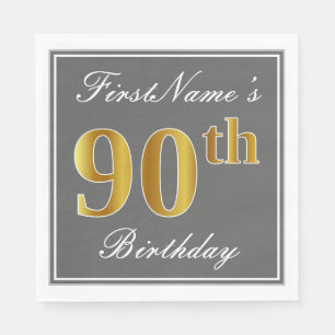 Serviette Jetable Elégant Grey, Faux Gold 90e anniversaire; Nom pers