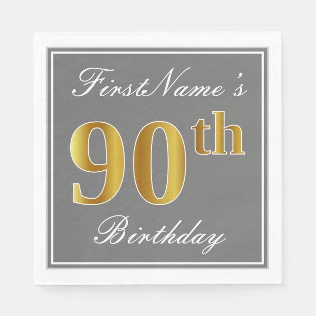 Serviette Jetable Elégant Grey, Faux Gold 90e anniversaire; Nom pers (Devant)