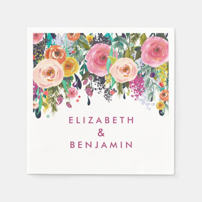 Serviette Jetable Élégant Mariage Floral Spring Summer Nom (Devant)