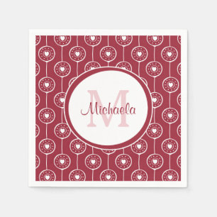 Serviette Jetable Élégant Monogramme de Coeurs Rouge et Blanc avec n