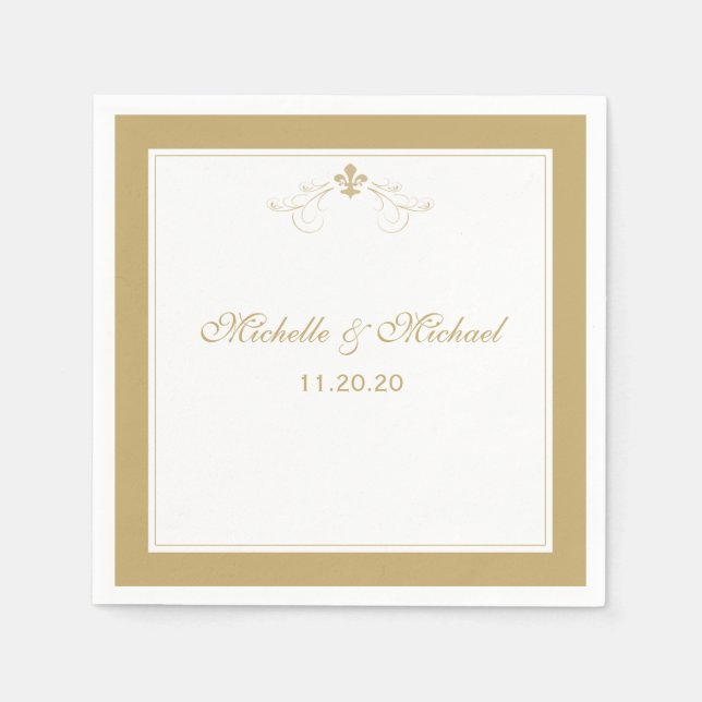 Serviette Jetable Elégant Or Blanc Personnalisé Fleur de Lis (Devant)