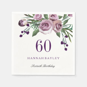 Serviette Jetable Élégant Plum violet Rose Floral 60e anniversaire