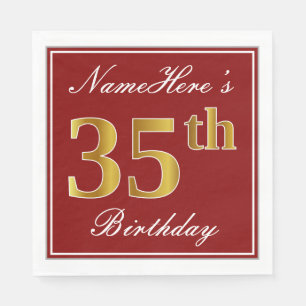 Serviette Jetable Elégant Rouge, Faux Gold 35ème Anniversaire + Nom 