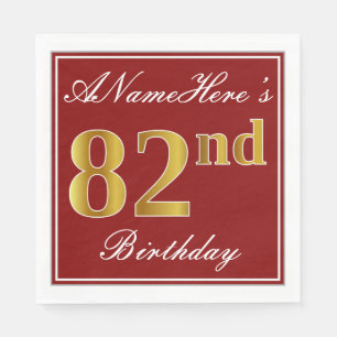 Serviette Jetable Elégant Rouge, Faux Gold 82ème Anniversaire + Nom 