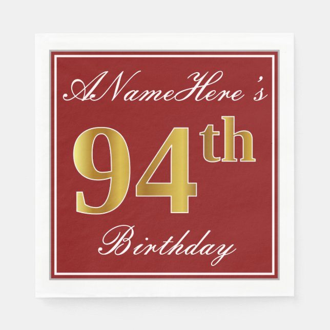 Serviette Jetable Elégant Rouge, Faux Gold 94ème Anniversaire + Nom  (Devant)