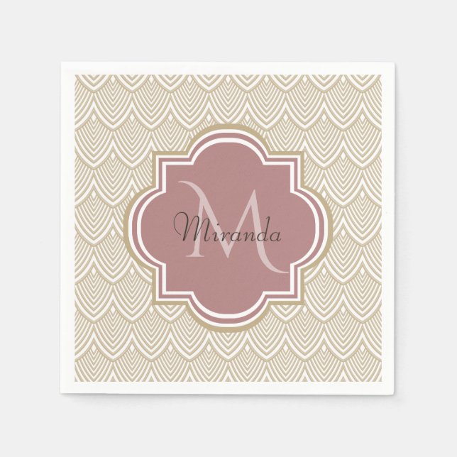 Serviette Jetable Élégant Tan Arched Scallops Mauve Monogramme Nom (Devant)