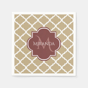 Serviette Jetable Élégant Tan Quatrefoil Bourgogne Monogramme et nom