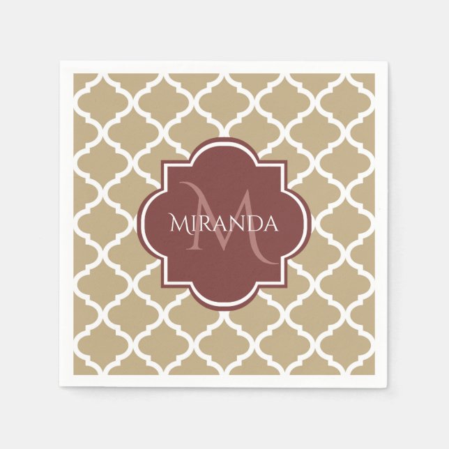 Serviette Jetable Élégant Tan Quatrefoil Bourgogne Monogramme et nom (Devant)