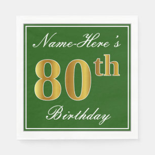 Serviette Jetable Elégant Vert, Faux Gold 80e anniversaire + Nom