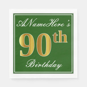 Serviette Jetable Elégant Vert, Faux Gold 90e anniversaire + Nom