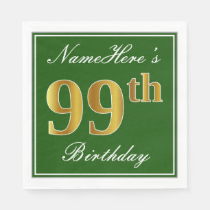 Serviette Jetable Elégant Vert, Faux Gold 99e anniversaire + Nom