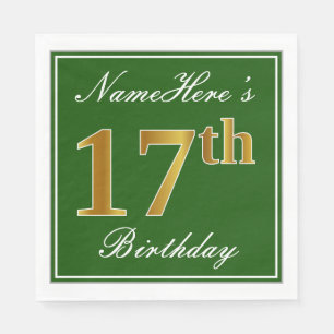 Serviette Jetable Elégant Vert, Faux Or 17ème Anniversaire + Nom