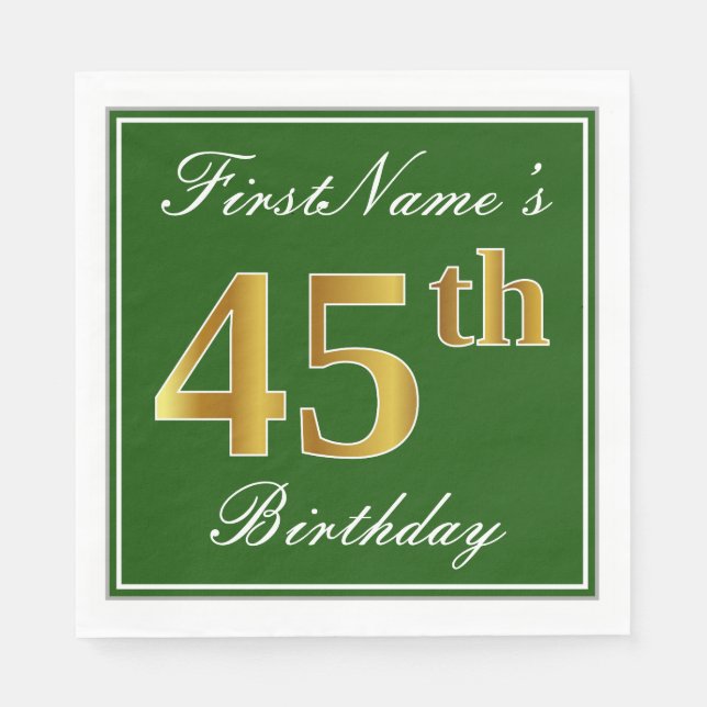 Serviette Jetable Elégant Vert, Faux Or 45ème Anniversaire + Nom (Devant)