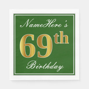 Serviette Jetable Elégant Vert, Faux Or 69ème Anniversaire + Nom