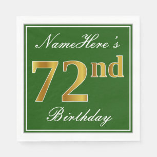 Serviette Jetable Elégant Vert, Faux Or 72ème Anniversaire + Nom