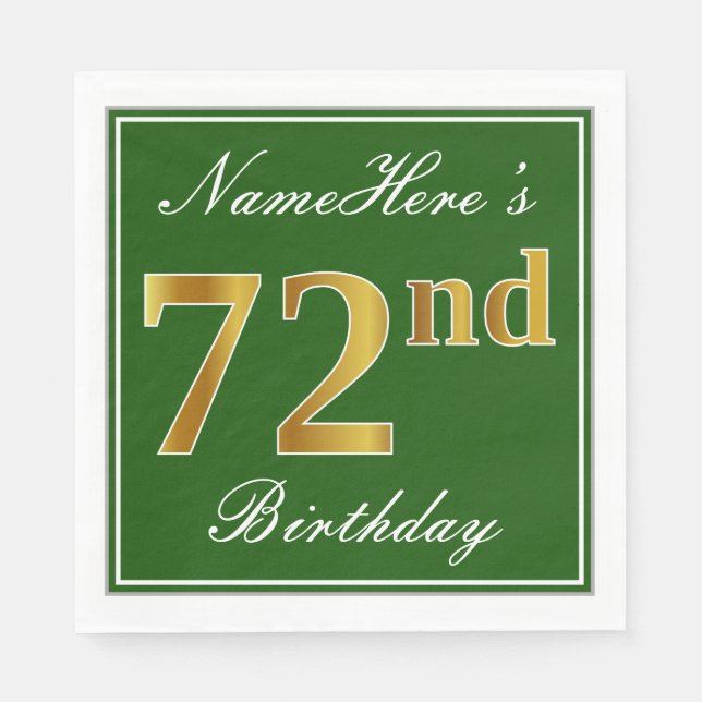 Serviette Jetable Elégant Vert, Faux Or 72ème Anniversaire + Nom (Devant)