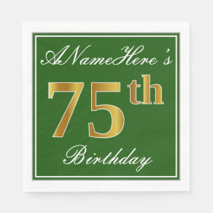 Serviette Jetable Elégant Vert, Faux Or 75ème Anniversaire + Nom