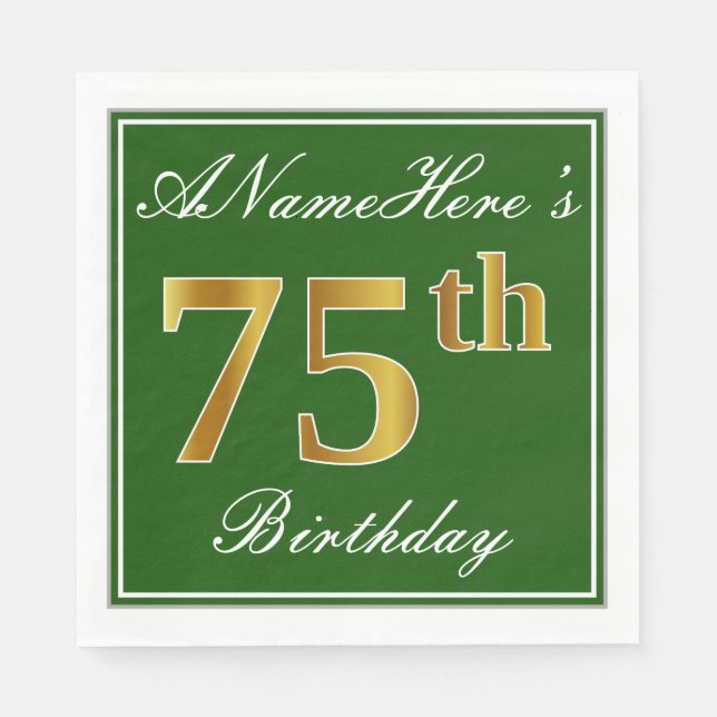 Serviette Jetable Elégant Vert, Faux Or 75ème Anniversaire + Nom (Devant)