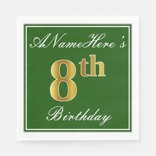 Serviette Jetable Elégant Vert, Faux Or 8ème Anniversaire ; Nom pers (Devant)