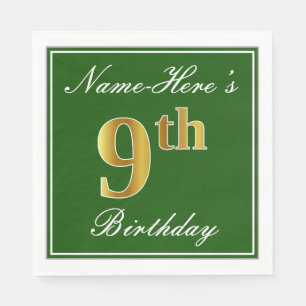 Serviette Jetable Elégant Vert, Faux Or 9e Anniversaire; Nom personn