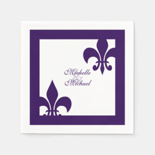 Serviette Jetable Élégant violet blanc Fleur de Lis Mariage