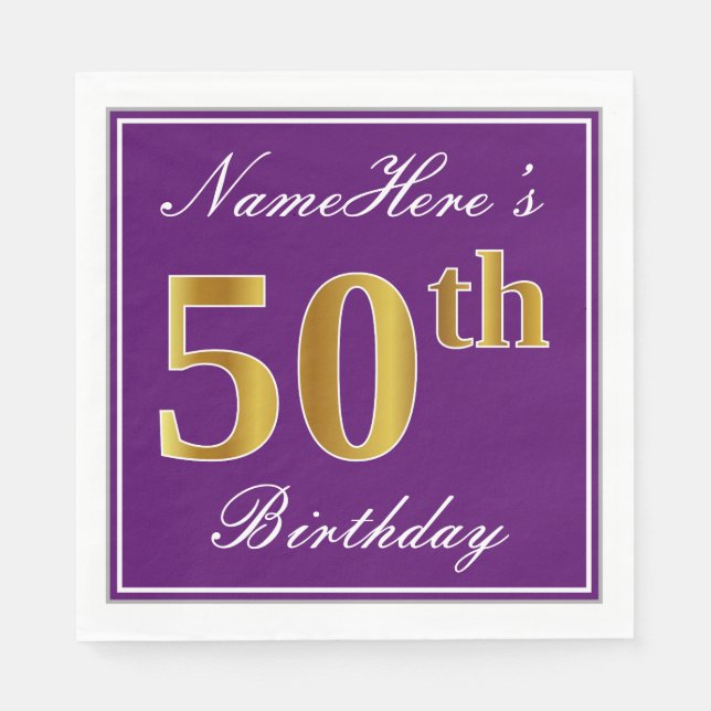 Serviette Jetable Elégant violet, Faux Gold 50e anniversaire + Nom (Devant)