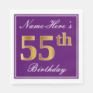 Serviette Jetable Elégant violet, Faux Gold 55ème anniversaire + Nom