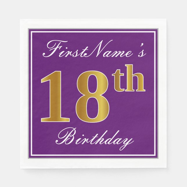 Serviette Jetable Elégant violet, Faux Or 18ème anniversaire + Nom (Devant)