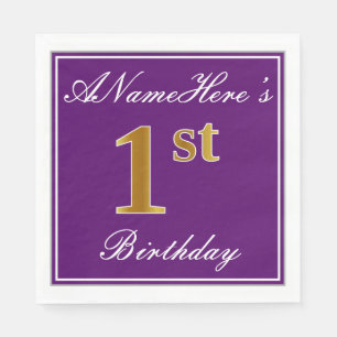 Serviette Jetable Élégant violet, Faux Or 1er anniversaire + Nom