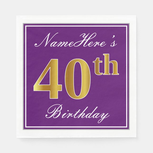 Serviette Jetable Elégant violet, Faux Or 40ème anniversaire + Nom (Devant)